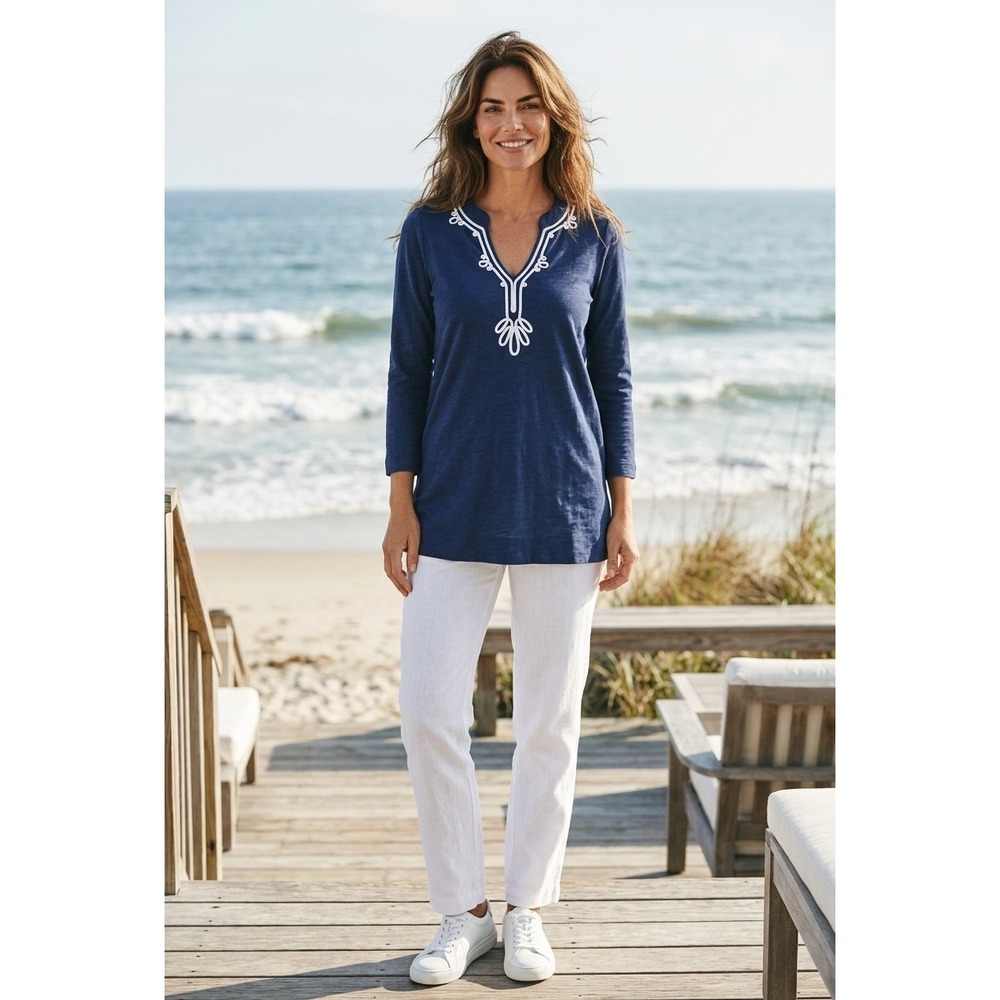 New Lily Pulitzer Small Kaia Tunic V-Neck Top Size S Navy White Shirt Blouse - Picture 6 of 9